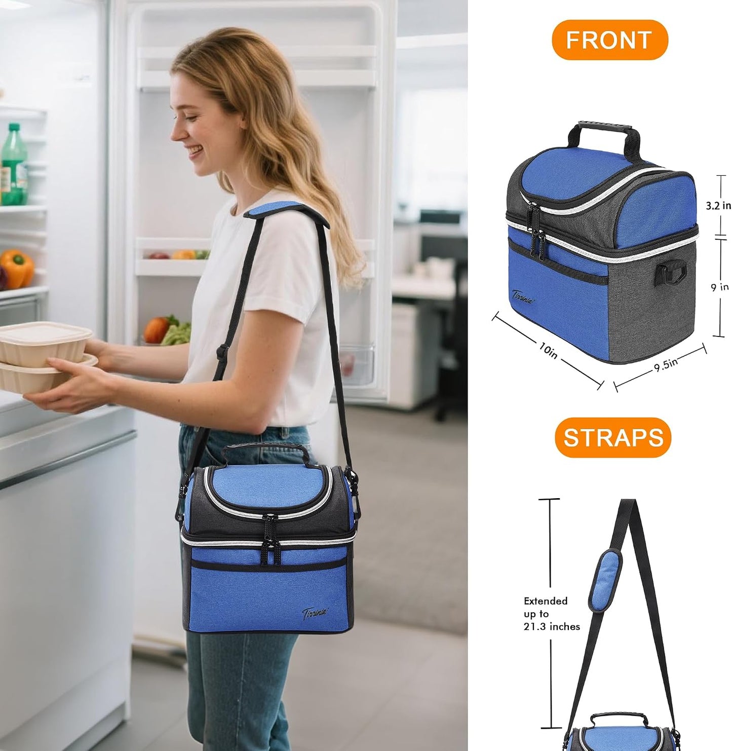 Tirrinia Reusable Lunch Box for Men Women, Insulated Lunch Bag Adult Work, Double Decker Leakproof Lunchbox for Office Picnic Beach—Dual Compartment Lunch Cooler Bag