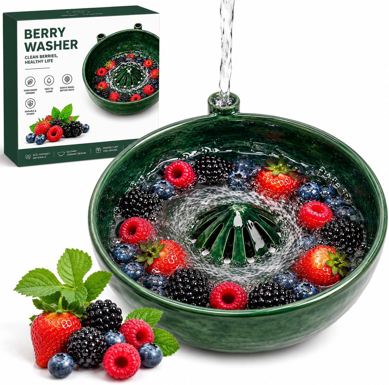 Self Spinning Berry Washing Bowl, Berry Bowls with Holes Ceramic, Fruit Washer Spinner with Strainer and Colander, Handmade Multipurpose Washing Cleaner for Cleaning Berries, Vegetables (1 set)