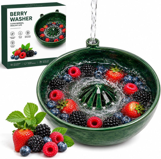 Self Spinning Berry Washing Bowl, Berry Bowls with Holes Ceramic, Fruit Washer Spinner with Strainer and Colander, Handmade Multipurpose Washing Cleaner for Cleaning Berries, Vegetables (1 set)