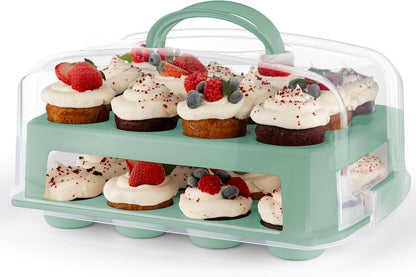 EXTRA TALL DOME 24 Cupcake Carrier, Green Cupcake Holder Carries 24 Cupcake Storage Container, Muffin Traveler Two Tier Stand Reusable Cupcake Box