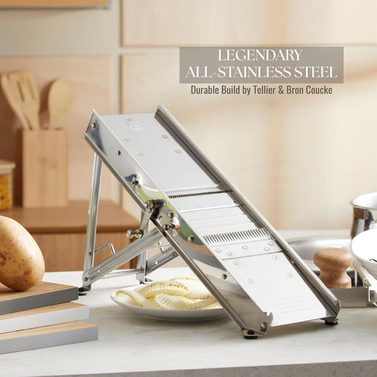 ICO by Bron Coucke Professional Mandoline Slicer by Tellier with Hand Guard – Heavy Duty Stainless Steel Mandoline Slicer – Adjustable Built-in Straight, Julienne, & Crinkle Blades – Crafted in France
