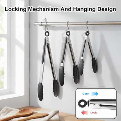 12 Pcs Tongs Set Multiple Sizes 7,9,12 Inches, Rubber Tipped Tongs Stainless Steel & Silicone Heat Resistant for Cooking, Grill, Salad, BBQ, Serving (Black & Silver)
