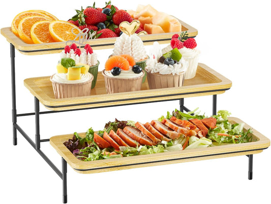 Lifewit 3 Tier Bamboo Serving Tray for Party Supplies, 30 x 17 cm/12" x 6.5" Platters for Serving Food, Reusable Trays with Gold Metal Display Stand for Veggie, Fruit, Cookies, Dessert