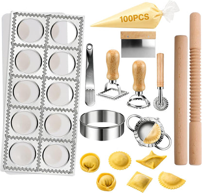 11 Pieces Ravioli Mold Set, Easy-to-Use Ravioli Maker Press with Ravioli Cutter Wheel, Pasta Cutter & Ravioli Making Kit, Wooden Pasta RollerPasta Making Tools for home，pasta lover