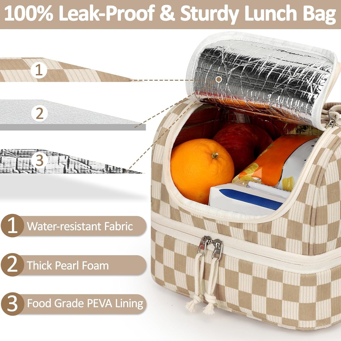 Vankor Corduroy Lunch Box Kids Insulated Lunch Bag Double Decker, Cute Leak-Proof Lunch Box for Boys Girls, Portable Cooler Lunch Bag Thermal Lunch Tote for School Picnic Travel, Light Blue