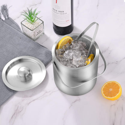 LUCKYGOOBO Mini Ice Bucket Portable Double Wall Ice Bucket with Tong,Stainless Steel Hotel Bucket/Champagne/Beverage Bucket,Size 1.3 Liters 5.5 x 5.5 in,Serveware for Party,Event,and Camping.