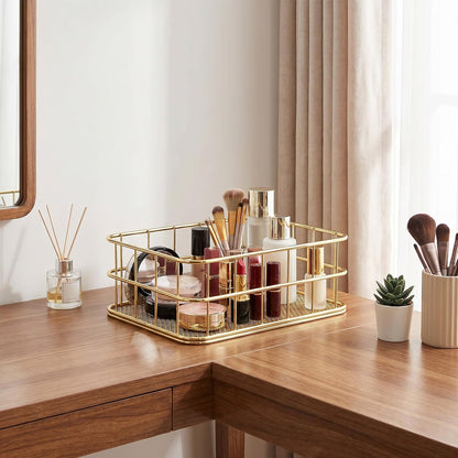 Gold Metal Wire Basket, 6.7 x 4.7 x 2.4 Inch Small Storage Basket Stackable Metal Wire Mesh Bin with Handles for Organizing, for Home Desk Pantry Bathroom Kitchen Countertop, Gold