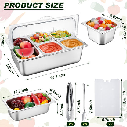 Condiment Tray Stainless Steel Serving Display Set with Lid for Buffet Restaurant Kitchen, Food Chilled Container for Salad Fruit Condiments, Keeps Food Fresh with Ice Box(6 Compartments)