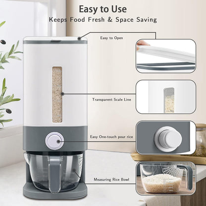Lenwi 22-25 Lbs Rice Dispenser, Large Cereal Dry Food Storage Containers with Measuring Cup,BPA-Free Household for Kitchen Pantry Organization-Grey
