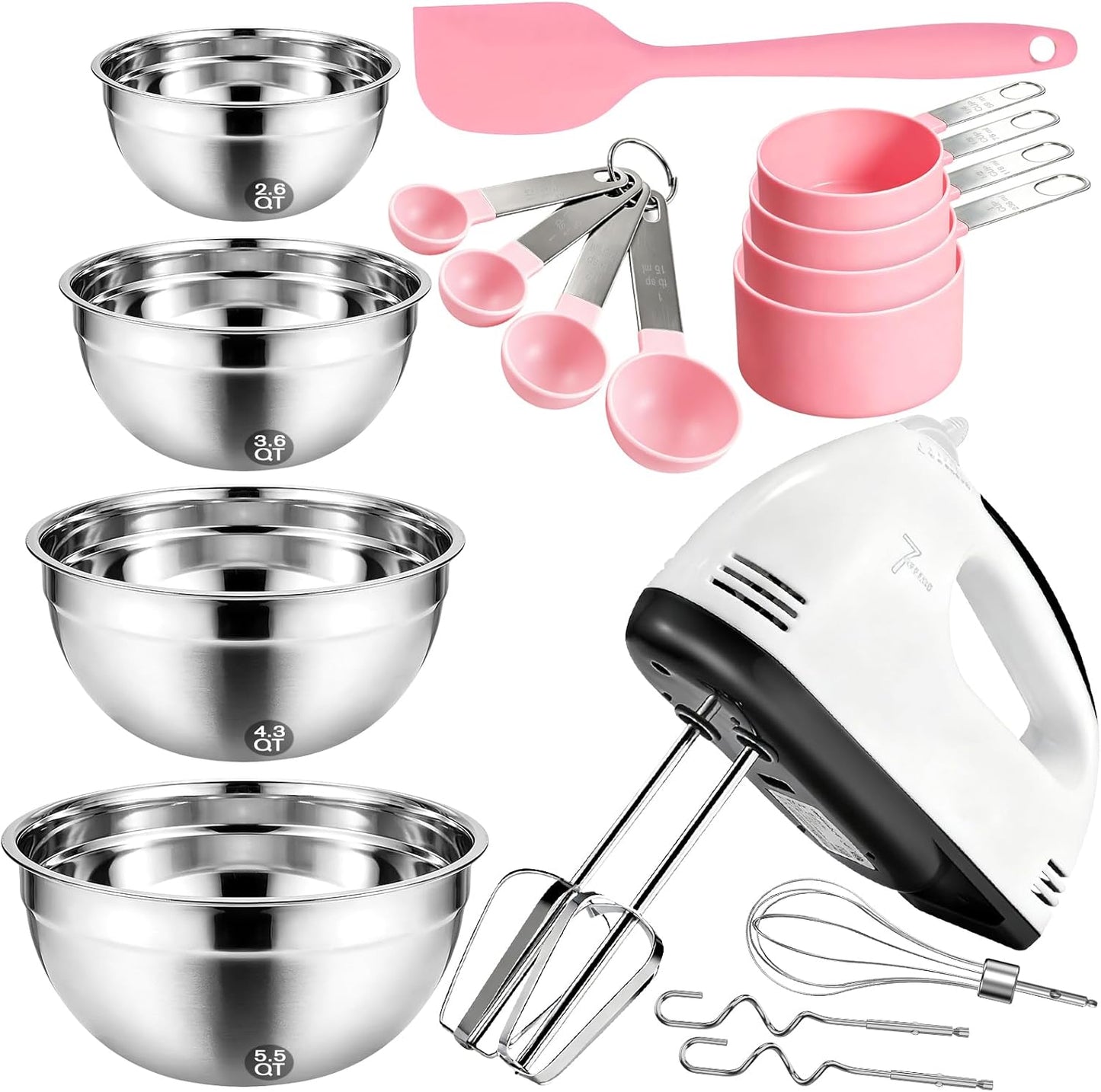 Showvigor Electric Hand Mixer with Stainless Steel Mixing Bowl Set –7 Speeds Turbo-Boost Hand Mixer with Large Mixing Bowls, Measuring Cups, Spoons & Spatula for Kitchen Cakes Eggs Baking(Pink)