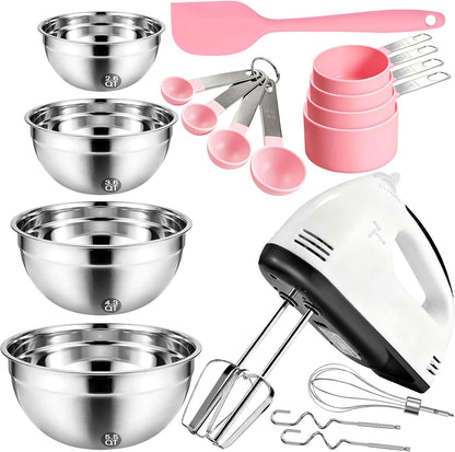 Showvigor Electric Hand Mixer with Stainless Steel Mixing Bowl Set –7 Speeds Turbo-Boost Hand Mixer with Large Mixing Bowls, Measuring Cups, Spoons & Spatula for Kitchen Cakes Eggs Baking(Pink)