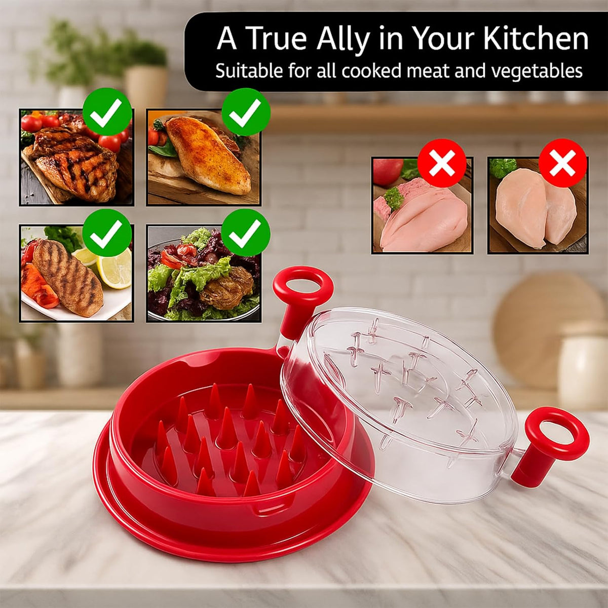 Chicken Shredder Tool Twist with Removable Insert, Chicken Breast Meat Food Shredder, Strong Anti-Slip Strip, Ergonomic Handle, BPA Free, Desmenuzador de Pollo-B1-Red