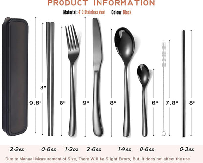 AARAINBOW 6 Pieces 18/8 Stainless Steel Flatware Set Portable Reusable Cutlery Set Travel Utensils Set Including Chopsticks Knife Fork Spoon Straws Cleaning Brush Dishwasher Safe (Green golden)