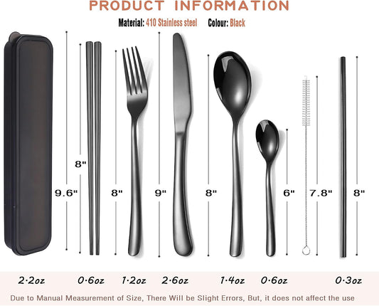 AARAINBOW 6 Pieces 18/8 Stainless Steel Flatware Set Portable Reusable Cutlery Set Travel Utensils Set Including Chopsticks Knife Fork Spoon Straws Cleaning Brush Dishwasher Safe (Green golden)