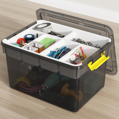 40Qt Stackable Storage Bins with Lids & Trays, Clear Plastic Latching Boxes Organizers with Dividers Portable 10Gal Containers for Arts & Crafts, Home and Car Trunk Organization, 2Pack