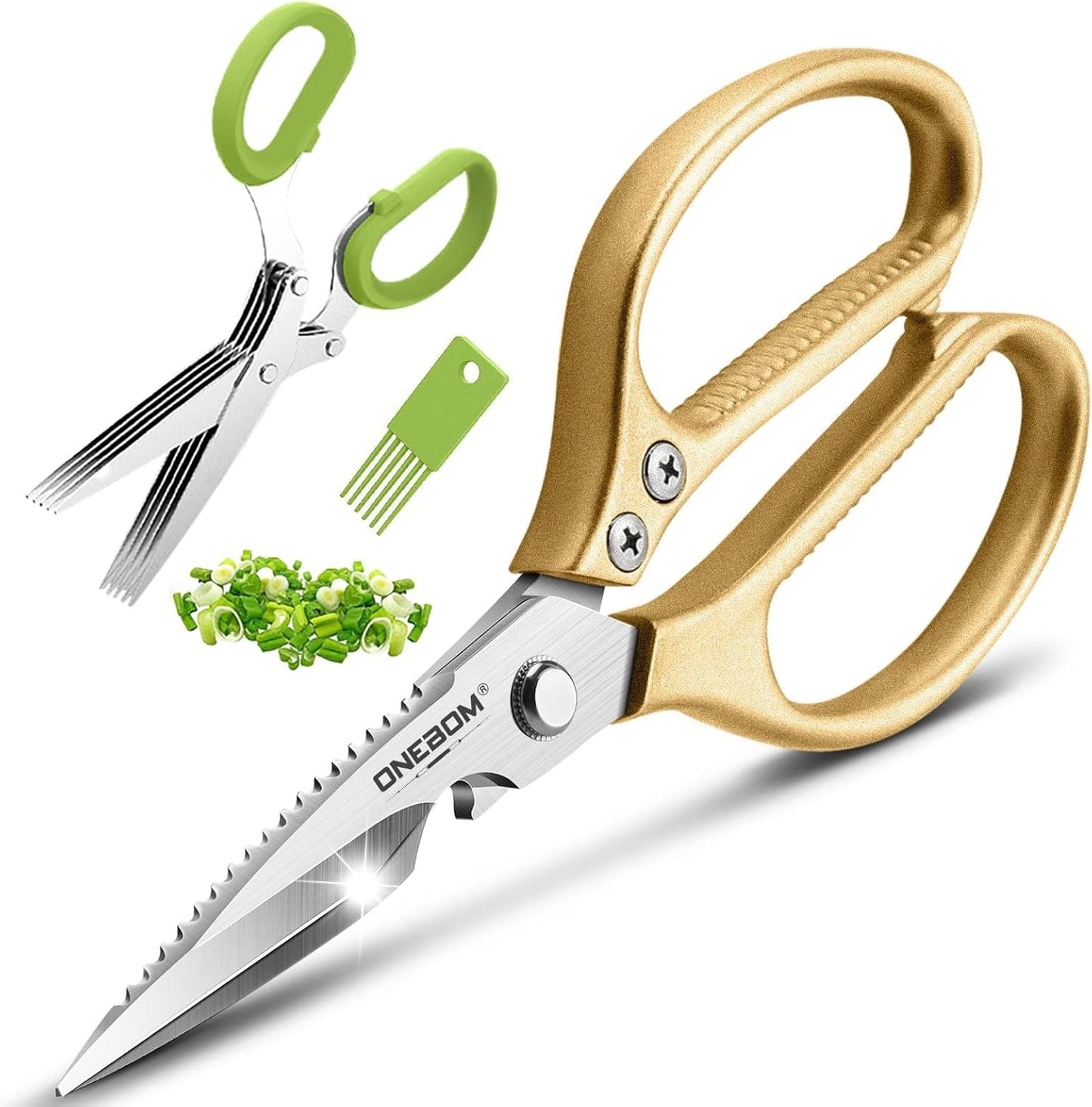 ONEBOM Kitchen Shears 2 Pack,Multi-Function Kitchen Scissors Heavy Duty Sharp 304 Stainless Steel, Apartment Kitchen Accessories Cooking Shears for Chicken,Meat,Fish,Poultry(Sliver)