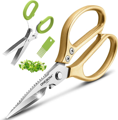 ONEBOM Kitchen Shears 2 Pack,Multi-Function Kitchen Scissors Heavy Duty Sharp 304 Stainless Steel, Apartment Kitchen Accessories Cooking Shears for Chicken,Meat,Fish,Poultry(Sliver)
