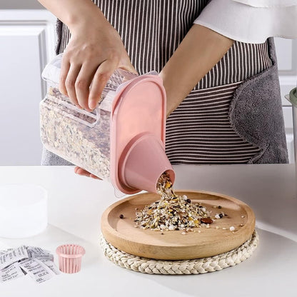3pcs Rice Storage Bin, 1.9L Cereal Storage Container Food Airtight Container with Pouring Spout abd Measuring Cup for Oatmeal, Grain, Pasta, Flour, Dog Cat Food Canister(Pink&Blue&Green)