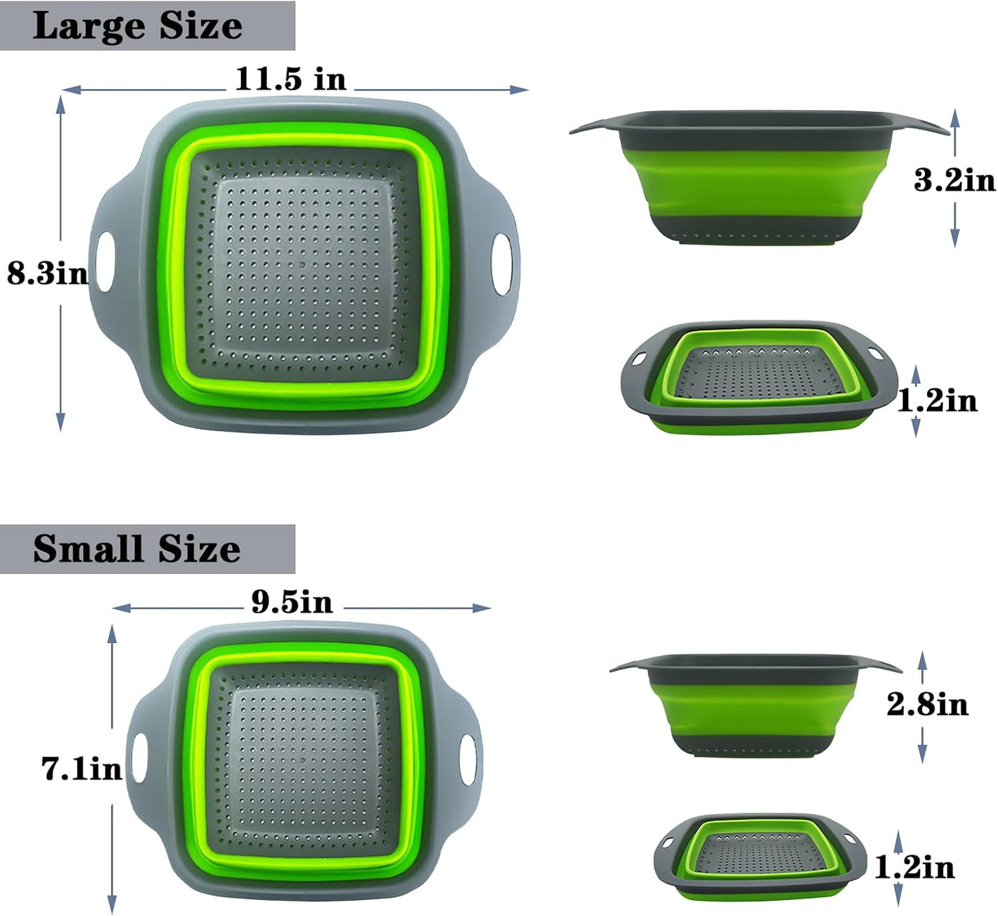 Square Collapsible Colander Set,Save Storage Space Collapsible Colander Strainer with Handle,for Kitchen and Travel Use (Green)