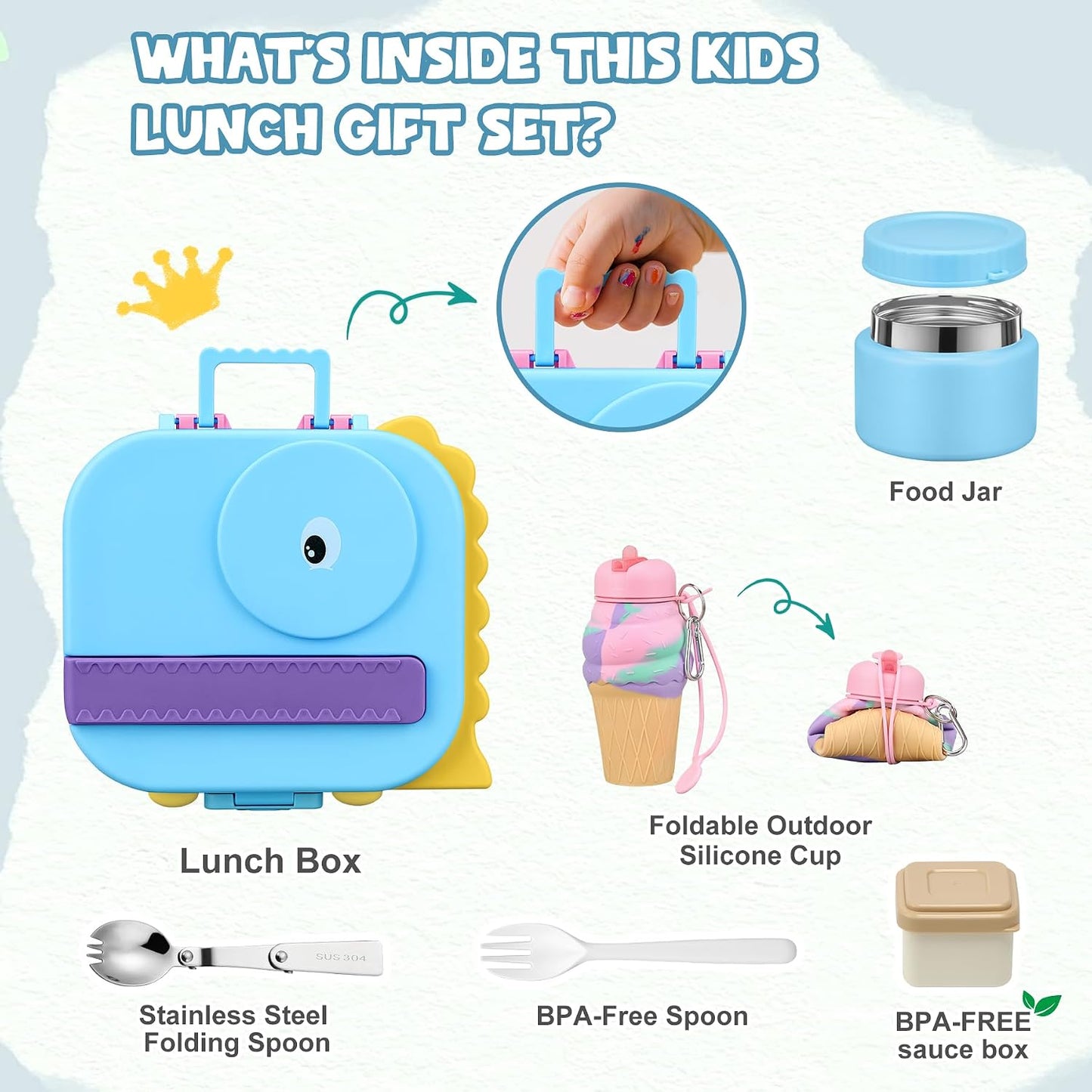 Aimsnk Magical Dinosaur Kids Lunch Box Set -12oz Insulated Food Jar, Leakproof Lunch Food Containers Cutlery, Leak-Proof Sauce Cup & Spoon, Gradient Green+Jar Green