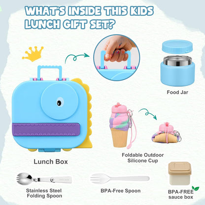 Aimsnk Magical Dinosaur Kids Lunch Box Set -12oz Insulated Food Jar, Leakproof Lunch Food Containers Cutlery, Leak-Proof Sauce Cup & Spoon, Gradient Green+Jar Green