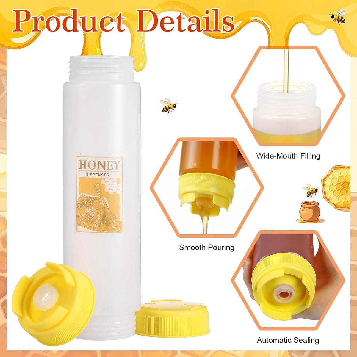 Patelai 2 Pcs Honey Dispenser No Drip, 16 oz Inverted Plastic Silicone Large Valve Honey Dispenser Bottles, Refillable Condiment Squeeze Bottle for Syrup, Agave, Salad Dressing, Ketchup, Breakfast Use