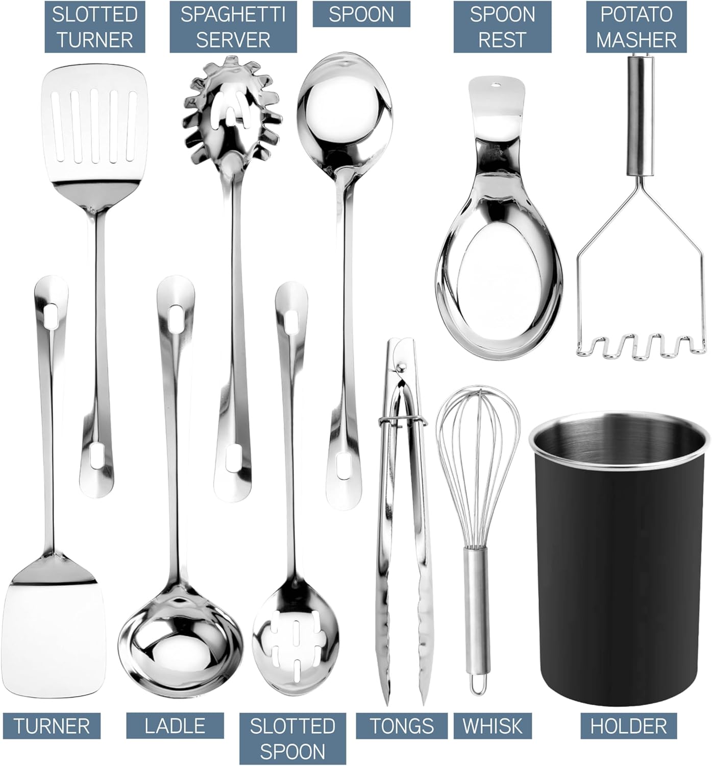 COOK WITH COLOR Kitchen Utensil Set - premium Nonstick & Heat Resistant Kitchen Gadgets, Turner, Spaghetti Server, Serving Spoons, Whisk, Tongs, Masher & Utensil Holder, 10-piece Stainless Steel