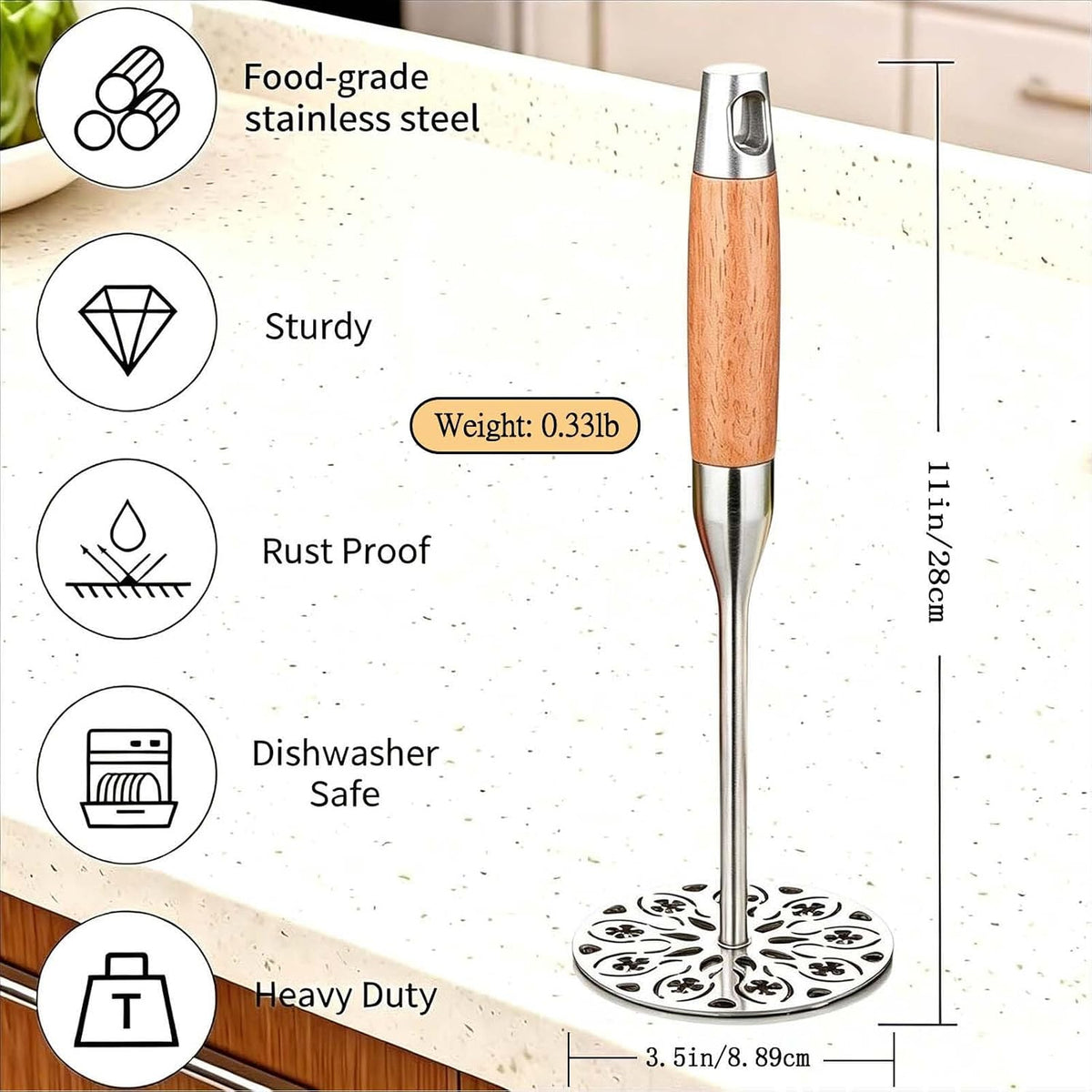 Potato Masher Stainless Steel,Wood Handle Food Smasher Kitchen Tool