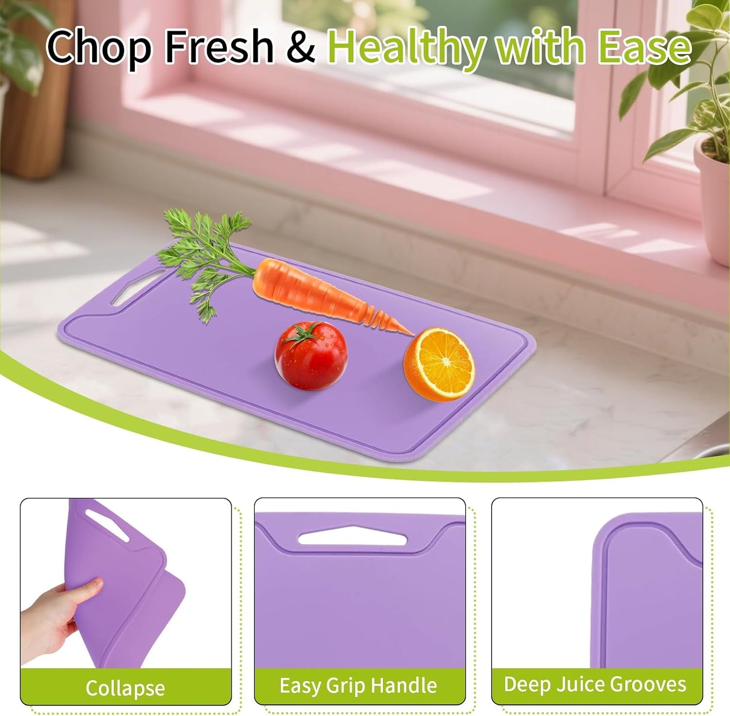 Silicone Cutting Board for Kitchen, 11.8''x 8.6'' Flexible Cutting Boards, BPA Free Non Slip Cutting Mat for Meat, Vegetables and Fruit with Easy Grip Handle, Dishwasher Safe (Deep purple)