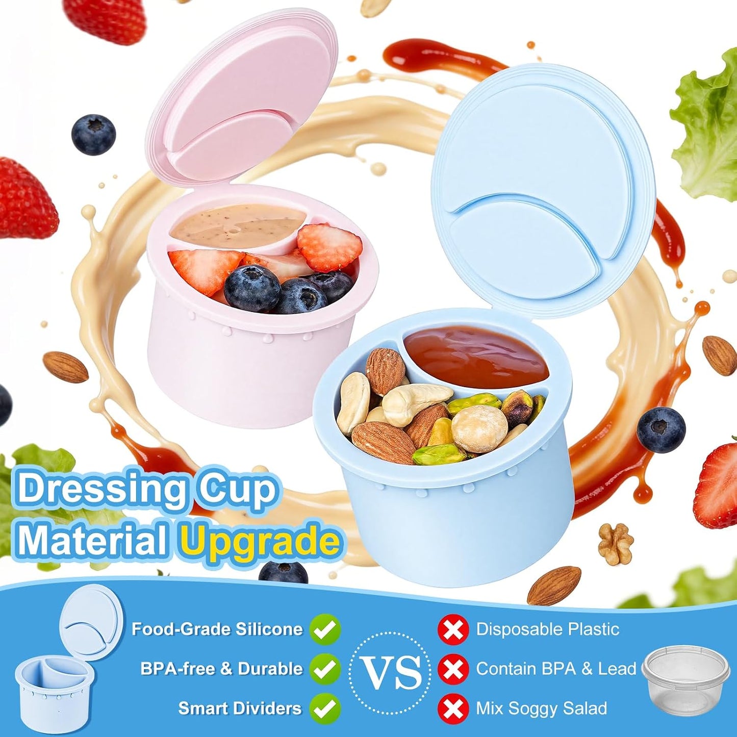 [UPGRADE] 4 Pack Glass Salad Container for Lunch, Salad Jars with Silicone Dressing Cup & Airtight Lid & Fork for Meal Prep, Wet/Dry Separation Divider for Salad Dressing and Dry Ingredients Mason Jar