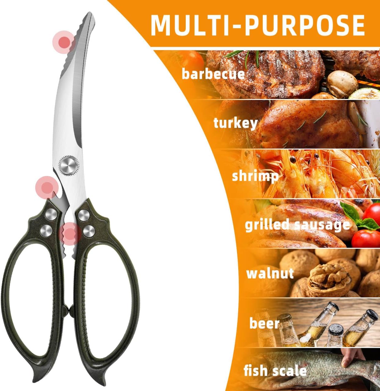 Heavy Duty Kitchen Scissors,Multipurpose Utility Stainless Steel Poultry Shears, All Purpose Scissors for BBQ Use with Aluminum Alloy Non-Slip Handle,Dishwasher Safe
