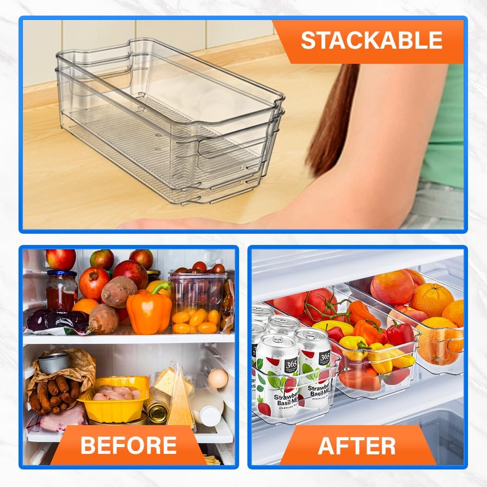 2-Piece Stackable Refrigerator Bin Organizer Set with Easy Grip Handles - Clear Multi-Purpose Storage Bins for Fridge and Pantry Use