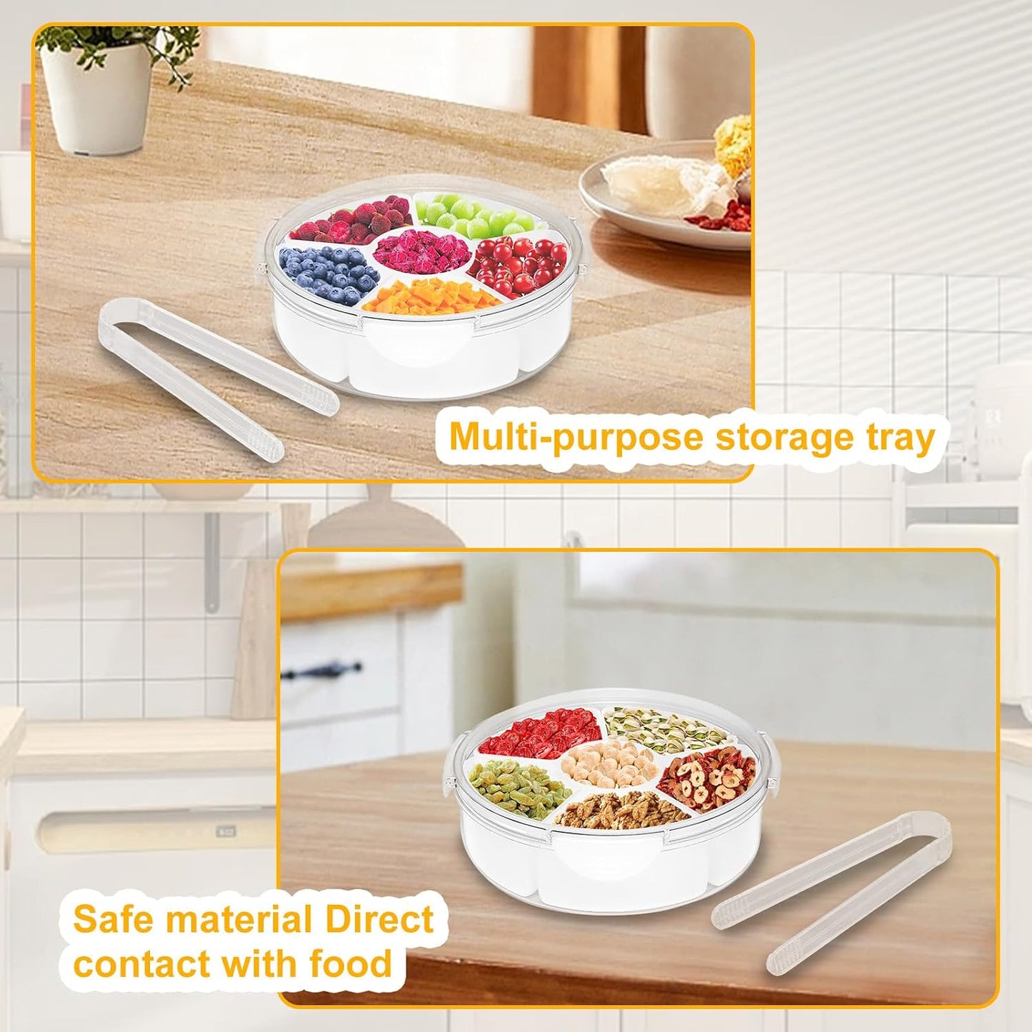 Qivine Veggie Tray with Lid for Fridge, Portable Vegetable Tray with Lid and Dip, 6 Compartments Divided Serving Tray with Lid and Handle, Round Veggie Trays for Serving for Party with 2 Clips