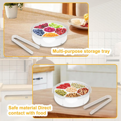 Qivine Veggie Tray with Lid for Fridge, Portable Vegetable Tray with Lid and Dip, 6 Compartments Divided Serving Tray with Lid and Handle, Round Veggie Trays for Serving for Party with 2 Clips