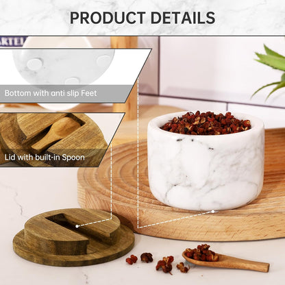 Salt and Pepper Bowl, Marble Salt Cellar and Spices Storage Container With Built-in Spoon and Acacia Wood Lid - 6.5oz Capacity (White)