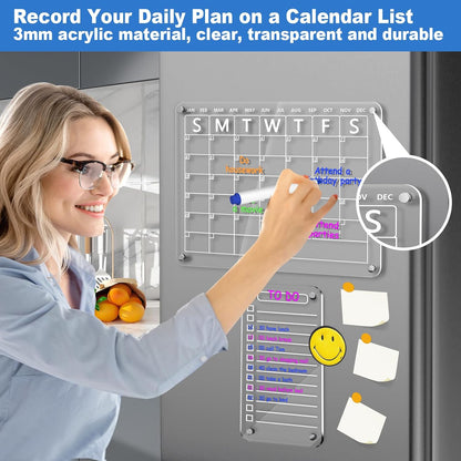 Acrylic Meal Planner Magnetic Menu Board for Kitchen Fridge, 13"x9" Clear Weekly Calendar Planning Board Noteboard Refrigerator Dry Erase Board to Do/Grocery/Shopping Lis Includes 6 Markers
