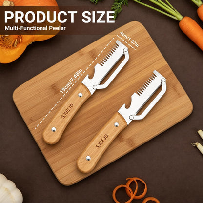 Multifunctional Vegetable Peeler 3 in 1 for Made of Stainless Steel Kitchen Tool Wooden Smooth Handle and Bottle Opener Potato Cucumber Orange Pumpkin Fruit (1PC)