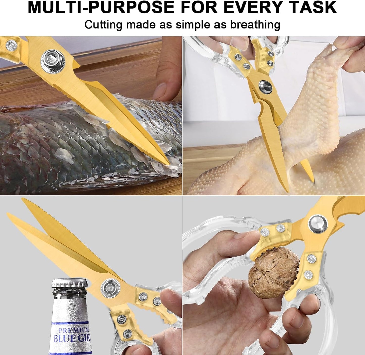 CGBE Kitchen Scissors, Multi-Purpose Kitchen Shears, Heavy Duty Dishwasher Safe Food Scissors for Chicken, Poultry, Fish, Meat & Herbs with Non-Slip Grips - Sliver