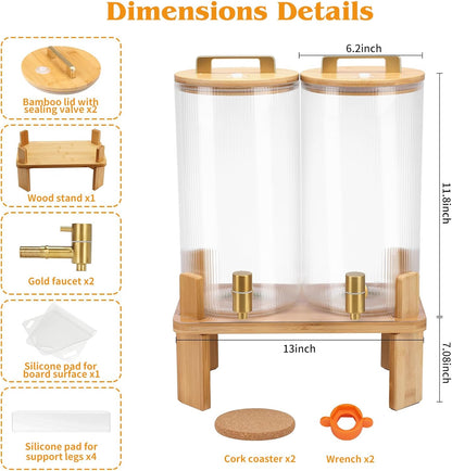 1.5 Gallon Glass Drink Dispensers for Parties, 2 PCS Beverage Dispenser With Wood Stand,Vertical Stripes Glass Lemonade Dispenser with Airtight Valve and Stainless Steel Spigot for Lemonade,Juice, Tea