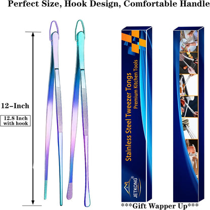 JETKONG 2 Pcs 12-Inch Kitchen Tweezers Fine Tweezer Tongs, Extra-Long Stainless Steel Cooking Tweezers (Silver)