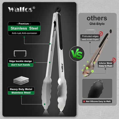 Walfos Kitchen Tongs for Cooking, 600℉ Heat Resistant Stainless Steel Tongs, All Metal Heavy Duty Tongs For Food ,BBQ Grilling - 7 ，9 and 12 Inch ,Set of 3