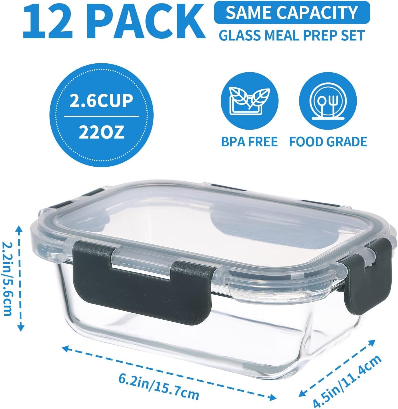 GULFLIN 12 Pack 22oz Glass Meal Prep Containers, Food Storage Containers with Lids, Air-Tight, Leak-Resistant, Freezer to Microwave Safe - Grey Set
