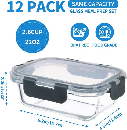 GULFLIN 12 Pack 22oz Glass Meal Prep Containers, Food Storage Containers with Lids, Air-Tight, Leak-Resistant, Freezer to Microwave Safe - Grey Set