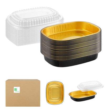 20-Pack 25oz / 7" × 5" Oval Aluminum Foil Pans with Snap-On Lids – Heavy-Duty Reusable Containers for Takeout, Parties, BBQ, Catering (Black)