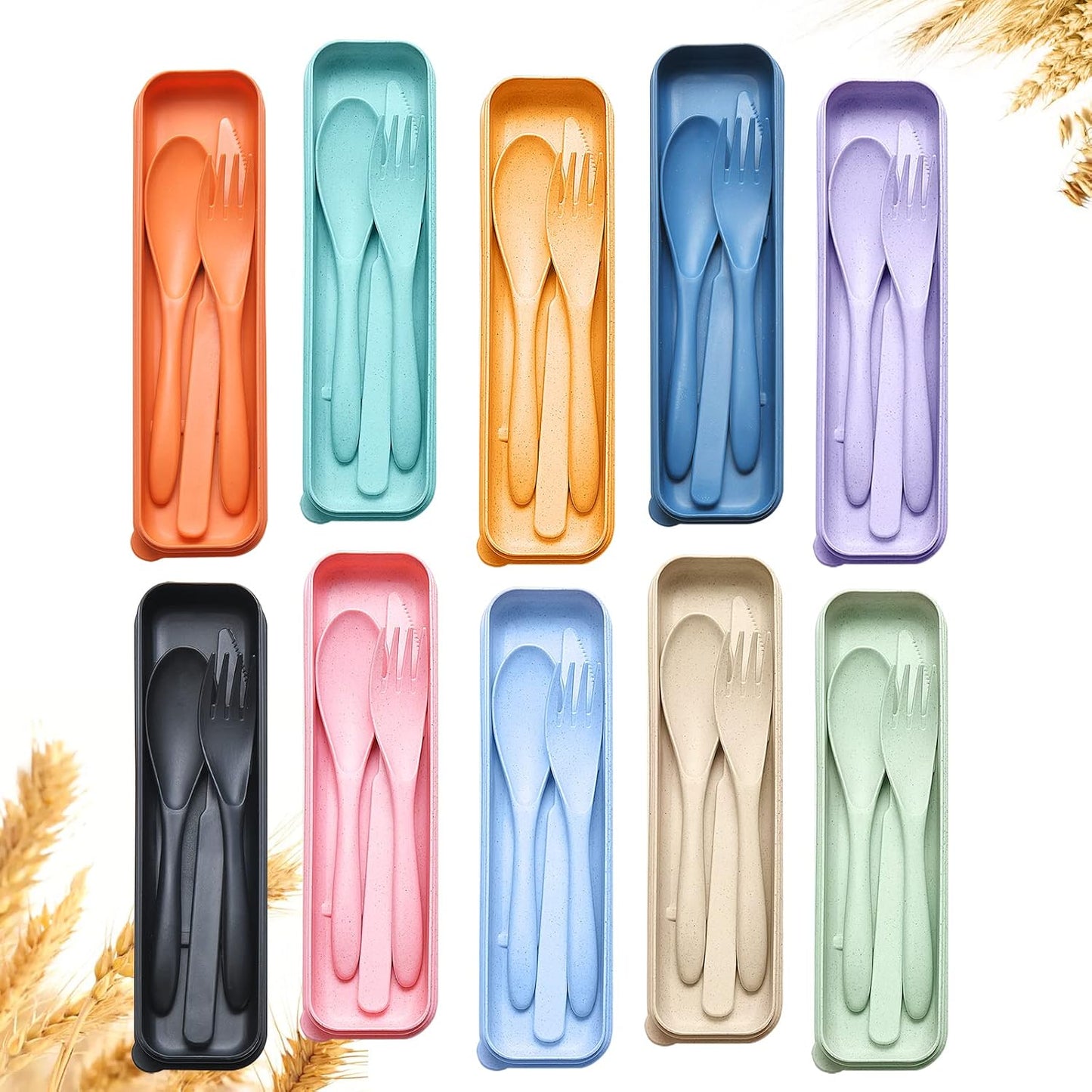 Reusable Travel Utensils Set with Case, 2 Sets Wheat Straw Portable Plastic Fork Spoons Knife Camping Cutlery, Eco-Friendly BPA Free Lunch Tableware for Kids Adults Travel Picnic Utensils