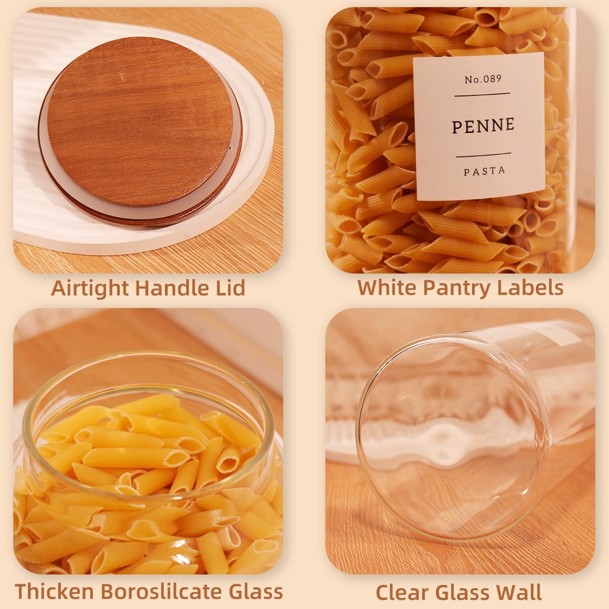 2 Pack Large Glass Flour and Sugar Containers with 132 Pantry Labels - 64 FL OZ Glass Canisters with Bamboo Airtight Lids - Farmhouse Glass Cookie Jars for Rice, Pasta, Cereal, Bath Salt