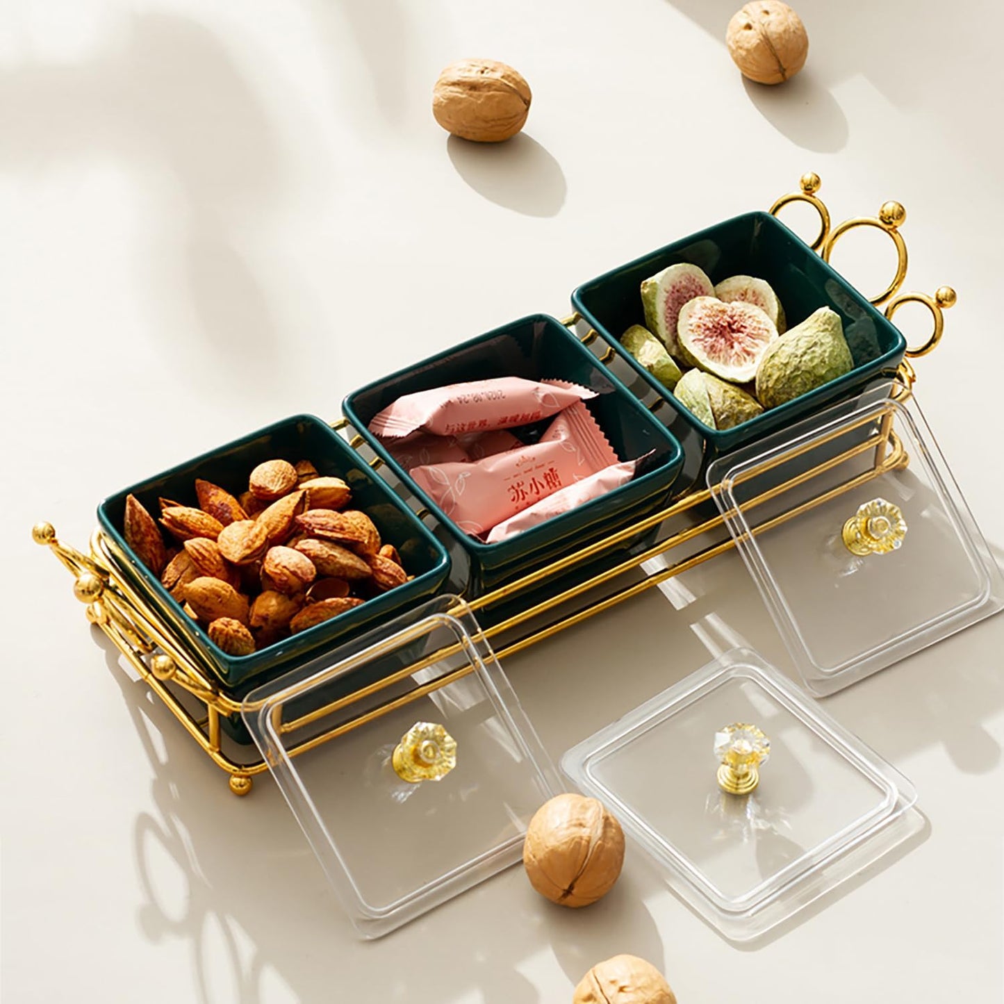 YA JU Ceramic Bowls and with Lid Gold Basket Trays, 6 Removable Small Bowls Condiment Trays Nut Serving Set for Snacks, Fruits, Candy and Condiments -Great for Parties, Holiday Gifts, White