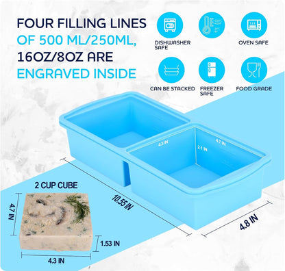 Zip Standing Silicone Freezer Trays with Lid,1-cup Soup Freezer Container large Ice Cube Molds with Reinforced Steel Ring Top for freezing Soup Sauce Broth Leftovers oven Dishwasher -Safe(2-Pack)