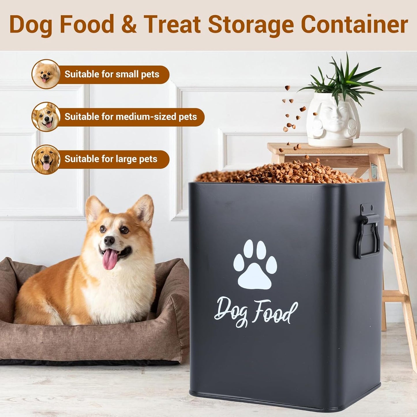 Dog Food Container 13lb, Cute Airtight Pet Food Storage Containers with Metal Lid Scoop, Black Metal Storage Bin for Dog/Cat with Wheels,Easy to Move