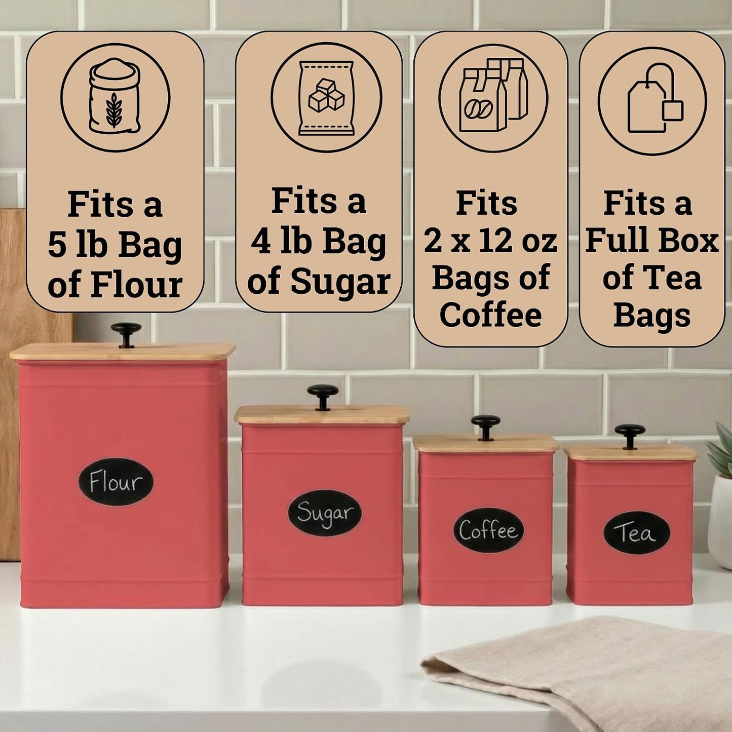 Kitchen Canisters for Countertop Set of 4 w/ Chalkboard Labels & Marker Pen | Airtight Easy Open Bamboo Lids, Dent-Resistant Thick Metal, Customizable Chalkboard Labels, Marker Pen Included, Set of 4